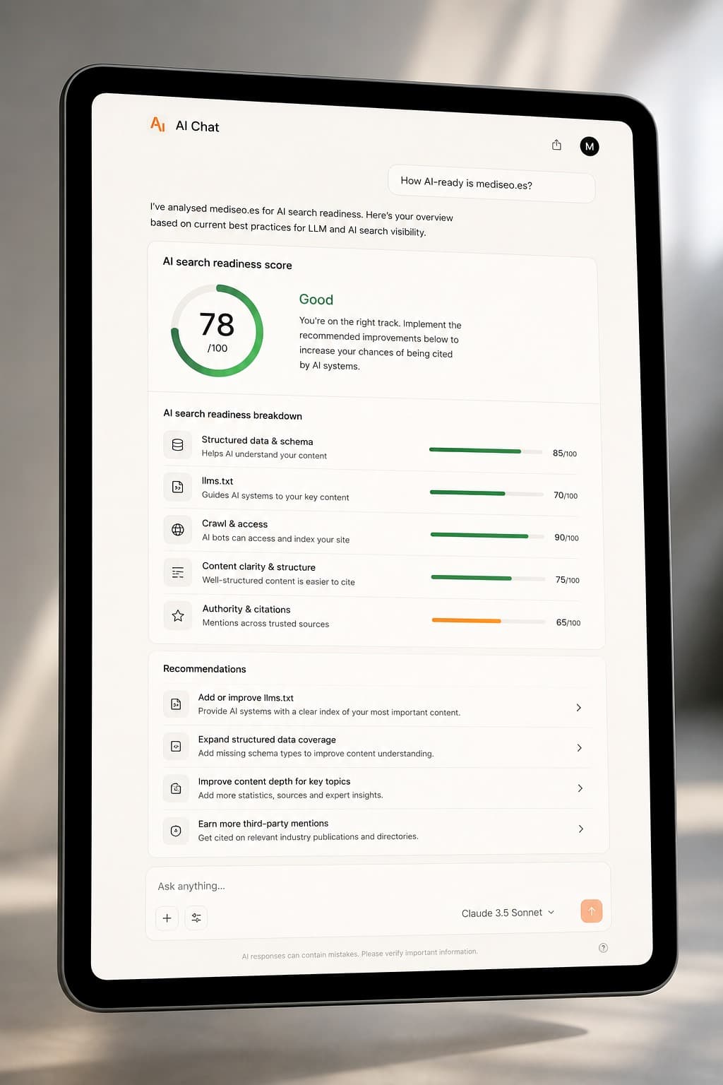 Dashboard for AI-søk-beredskap — score, oversikt og anbefalinger.
